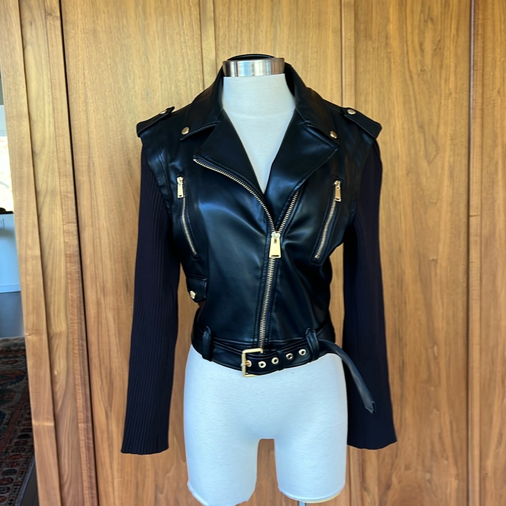 Simkhai, Contrasting-Sleeve Off-Centre Biker Jacket, Size Large
